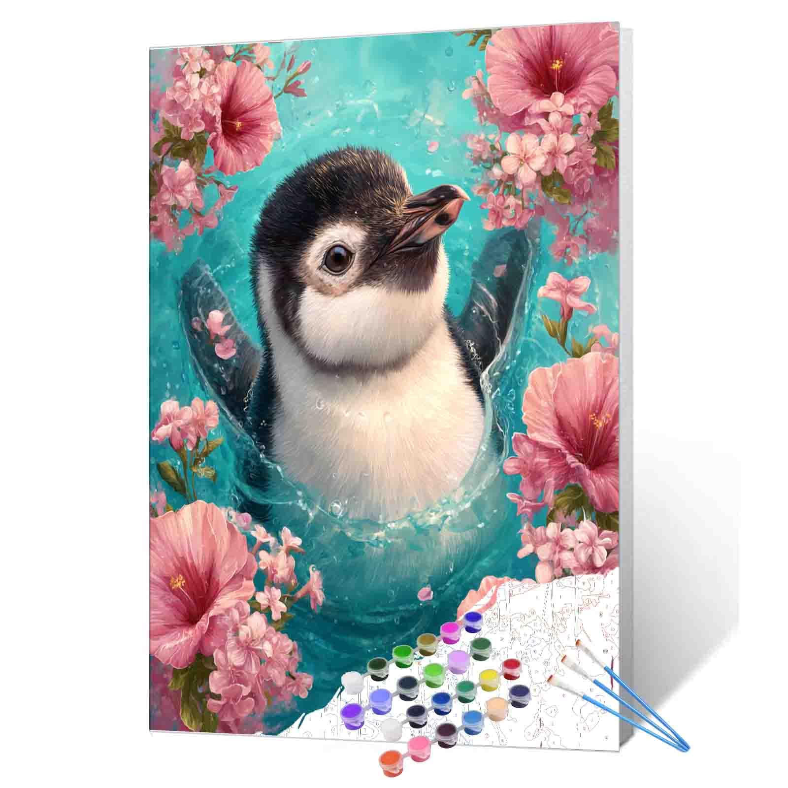 Cute Penguin Swimming Paint by Number for Adults Beginner and Kids Animal Pink Flowers Paint by Number Kit on Canvas Pictures for Home Wall Decoration Drawings Gifts 16x20 Inch (Frameless)