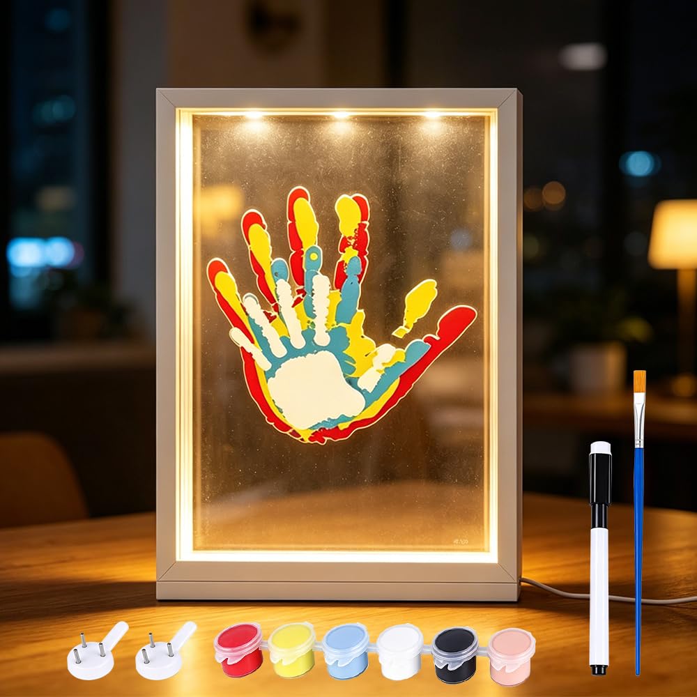 KUWUNG Family Handprint Kit, Handprint Kit with Wooden Frame 4 Panels 6 Paints Perfect LED Night Light, Hand Print Kits for Families Couples, Clear DIY Craft Keepsake (White)