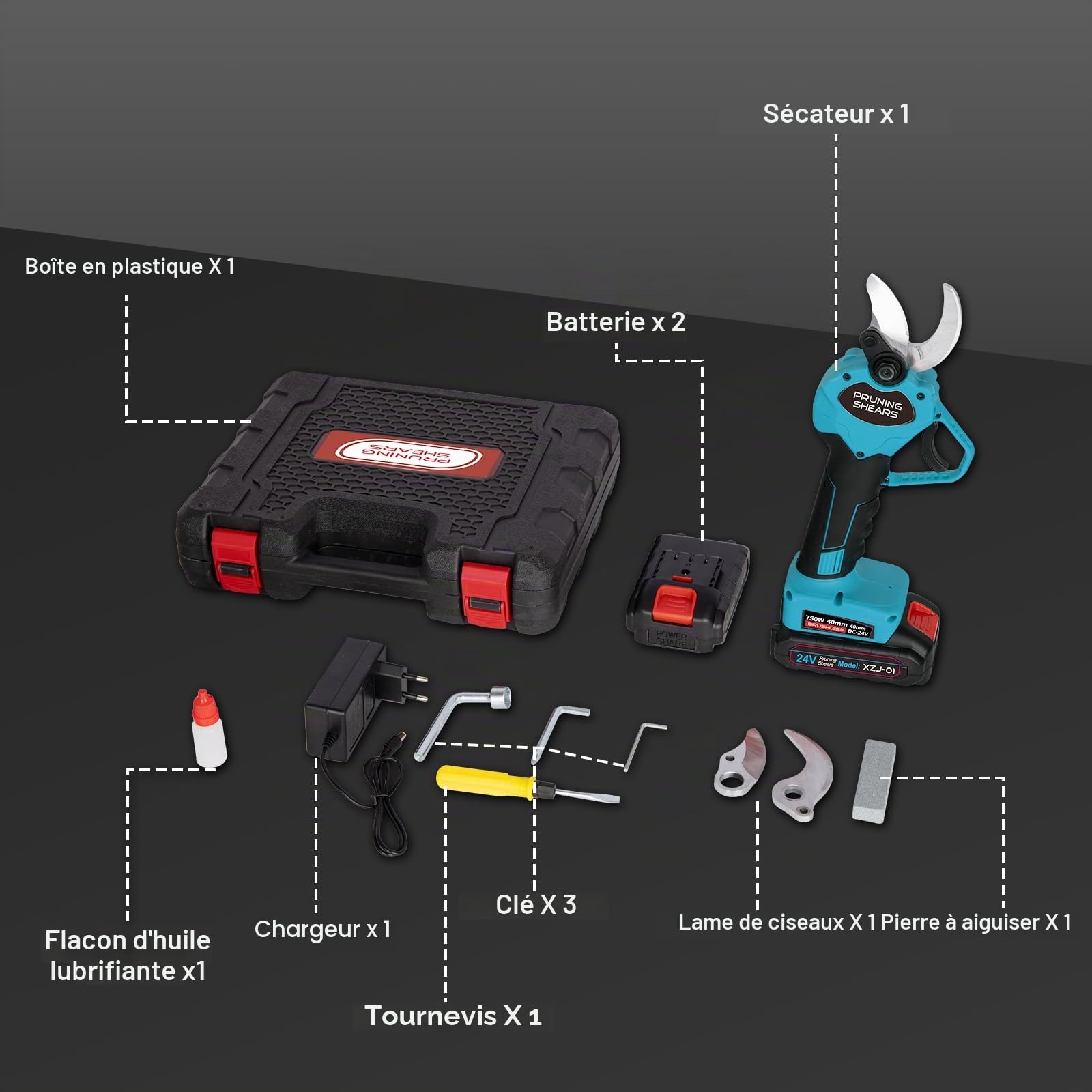 Sécateur électrique sans fil Nexalite 40 mm, 2x3000 mAh, lame SK5, sécurité | Coupe 40 mm; 2 batteries 3000 mAh; lame SK5 antirouille; double verrouillage; 1 kg, une main; verger/vigne/haies