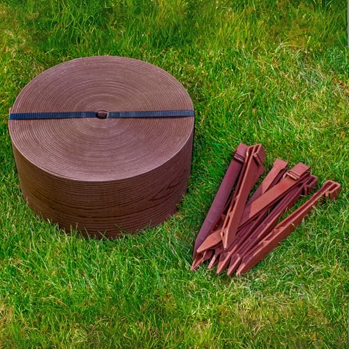 UNIGARDIA Borde Jardín Exterior 20 m x 13 cm x 3 mm – Bordura Flexible con 20 Estacas de Anclaje – Separador para Césped de Plástico Reciclado con Decoración de Madera, Color Marrón