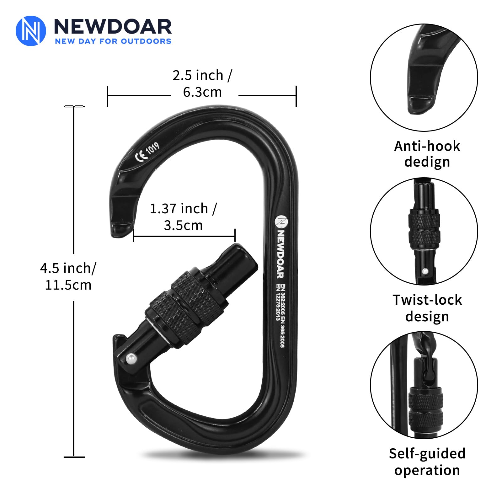 NewDoar 25KN Certifié CE et UIAA Mousqueton d'escalade Professionnel en Forme de O Robuste, à Verrouillage Automatique/à vis pour l'escalade, Le Rappel, Le Sauvetage et l'alpinisme