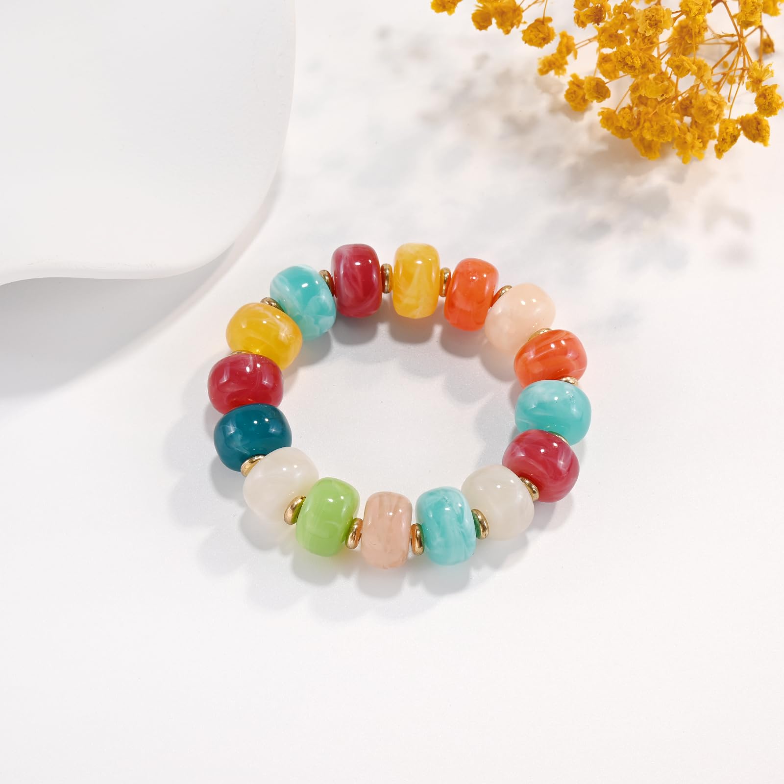 Braccialetto con perline grosse da donna, multicolore, con grandi perline in resina acrilica, elastico e allungabile, braccialetti alla moda e di tendenza, gioielli boho per vacanze estive al mare.