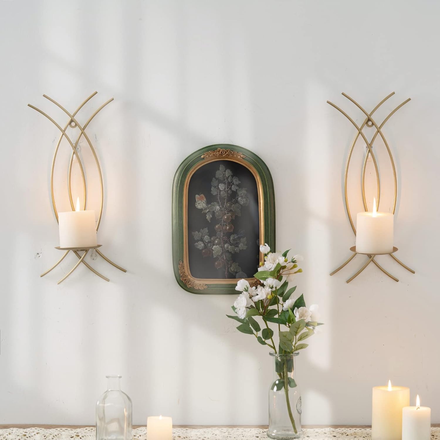 Gold Wall Sconce Set of 2, Metal Candle Holder, Modern Hanging Decoration for Living Room, Farmhouse,Wall Mounted Candelabra with Minimalist Lines,Gothic Antique Decor