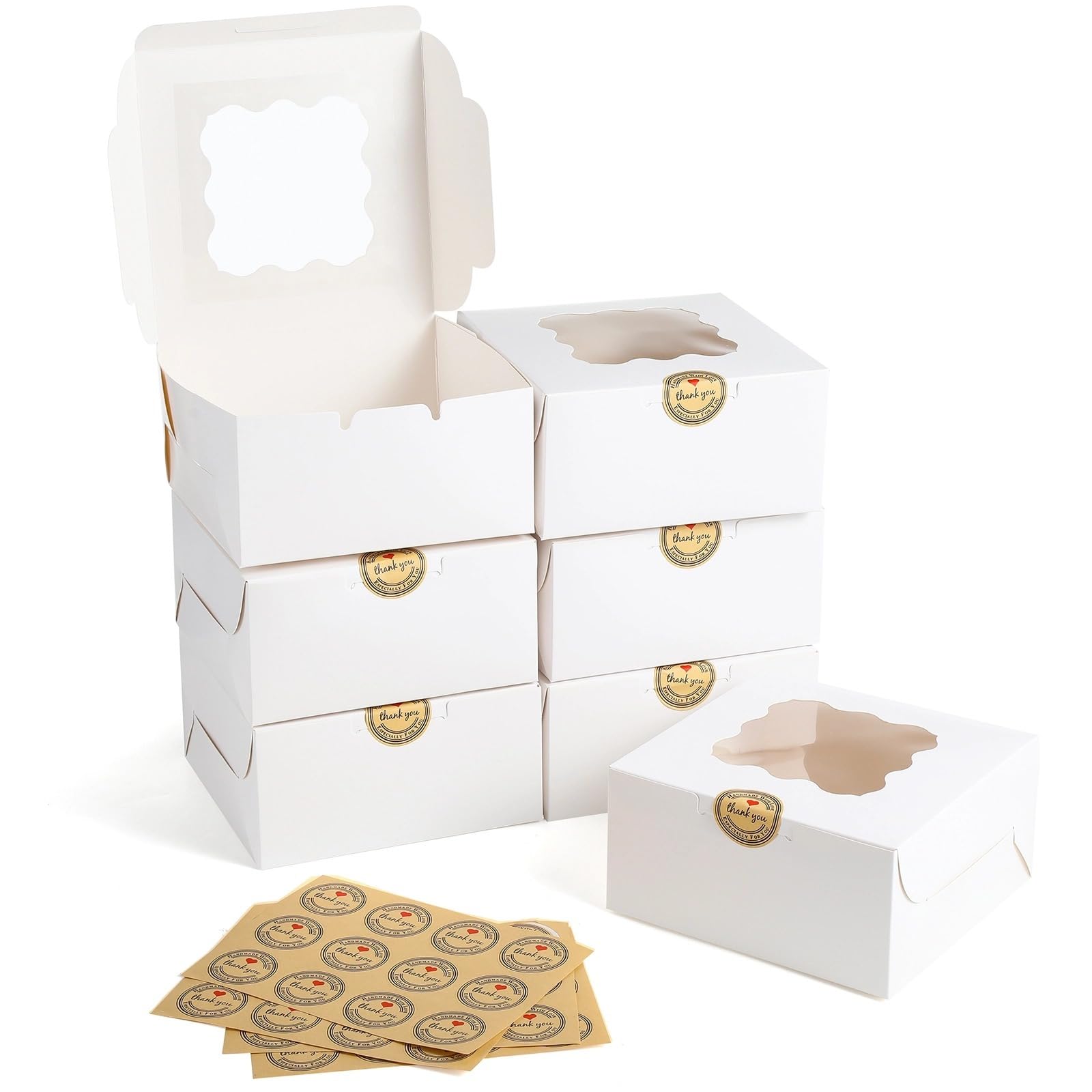 50 Stk. Gebäckschachteln mit Sichtfenster, 15,2 x 15,2 x 7,6 cm Tortenschachteln, weiße Papierboxen für Mini-Kuchen, Plätzchen und Käsekuchen, inklusive Dankeschön-Aufkleber für sicheren Verschluss