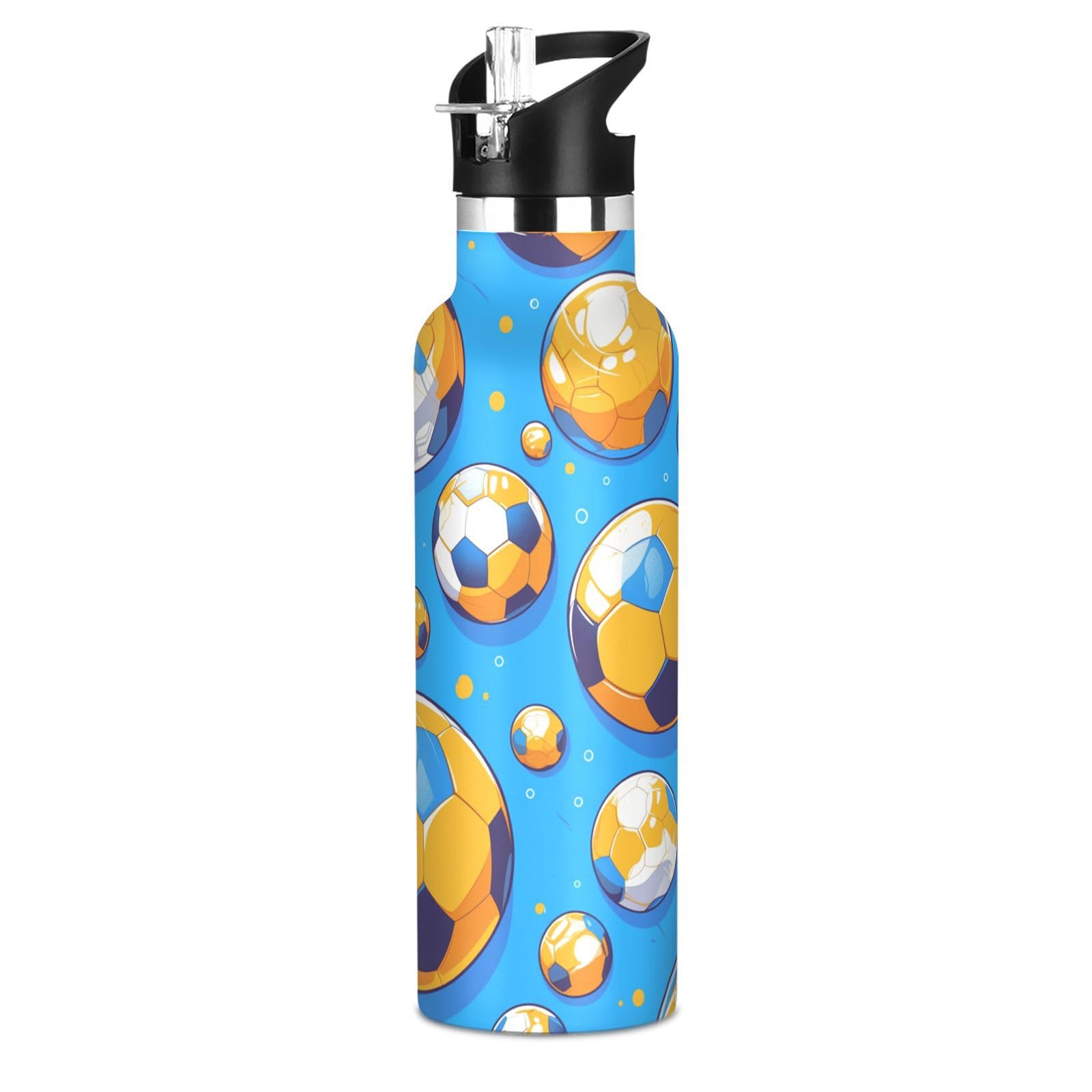 Kaaviyo Boys Pattern Blue Soccer Balls Fun Youthful Water Bottle Stainless Steel Jug Insulated Vacuum Cup For Girls(600Ml)