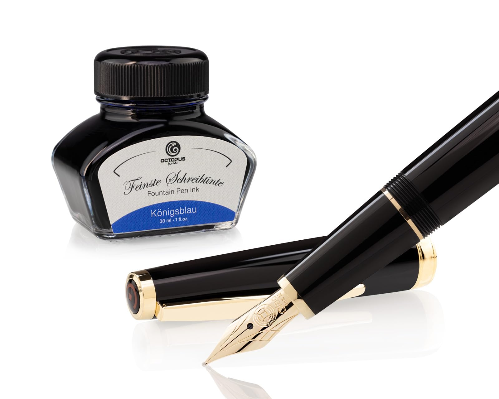 OctopusCleo Skribent Classic Gold Fountain Pen Set, Cartridge Fountain Pen, M Nib and 30 ml Ink Blue