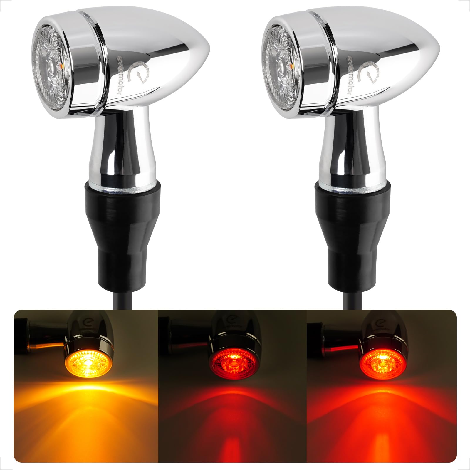evermotor Chromowane kierunkowskazy LED 3 w 1 z homologacją 3 w 1, proces CNC 12 V, 2 sztuki, do skutera motocyklowego, aluminiowa obudowa, bursztyn, czerwony