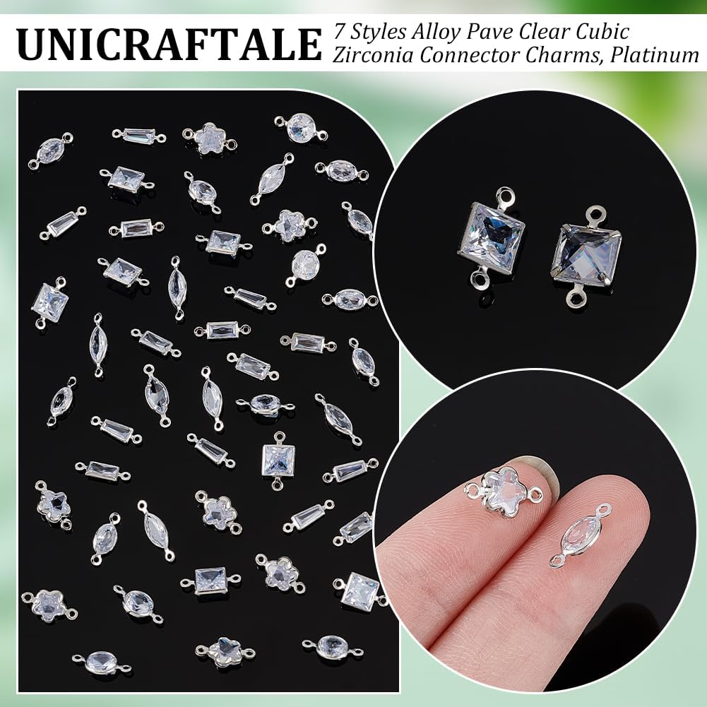 UNICRAFTALE about 56Pcs 7 Styles Crystal Charms Metal Star Birthstone Charm Pave Clear Cubic Zirconia Link Charm Flat Round Connector Charms Platinum Oval Earring Bracelet Charm for Jewellery Making - Image 4