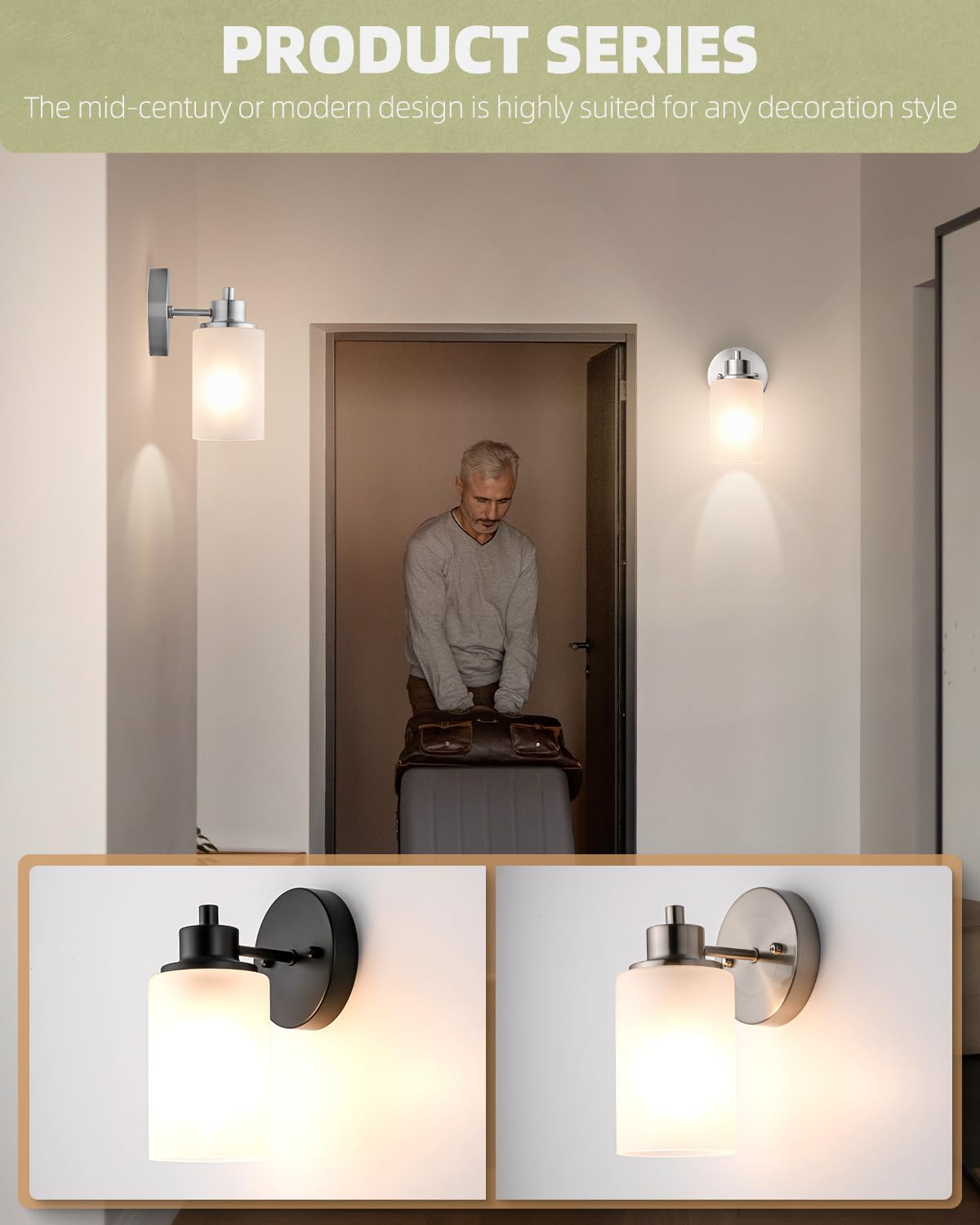 Paquete de 2 apliques de pared de níquel cepillado para interiores, lámparas de tocador de baño con pantalla de vidrio esmerilado blanco, iluminación moderna y elegante para montaje en pared para 8
