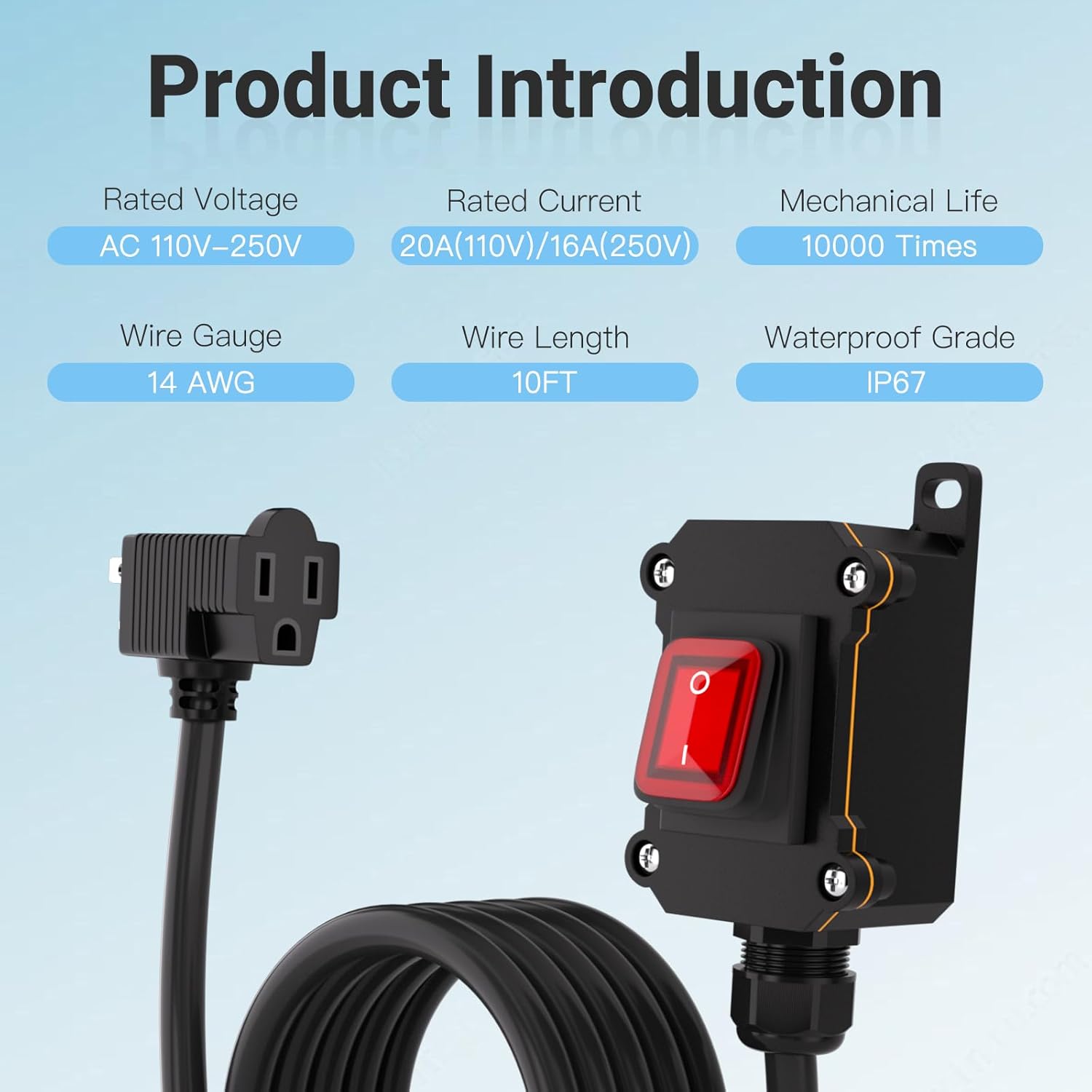 Inline Power Switch with 10-ft 14AWG Cable Piggyback Plug(3-Pronged),Red LED Rocker Button,IP67 Waterproof Extension Cord with On/Off Switch, AC/DC 20A-125V / 16A-250V（10FT/14AWG）