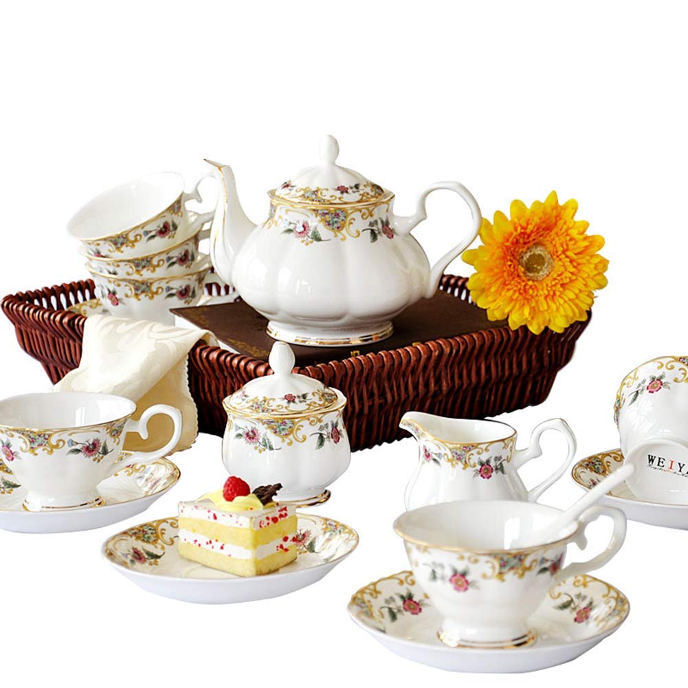 Juego de té y café de Porcelana clásica de 15 Piezas, 45% Porcelana China, con 6 Tazas, 6 platillos, 1 azucarero, 1 cafetera y 1 lechera.
