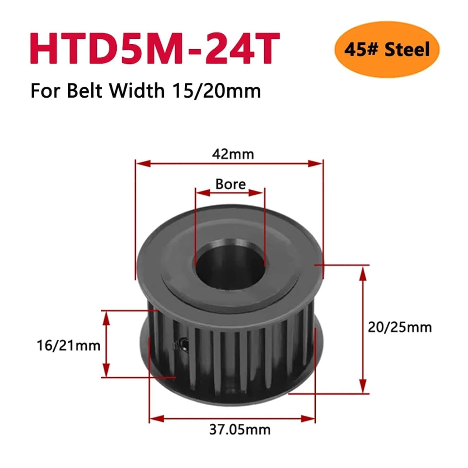 1pc 24 Teeth HTD5M 45# Steel Timing Pulley HTD 5M 24T Synchronous Wheel for Belt Width 15/20mm Bore 5 6 .35 8 10 12 .7-25mm(19mm (Keyway 6mm),1PC_21MM (for Belt 20MM))