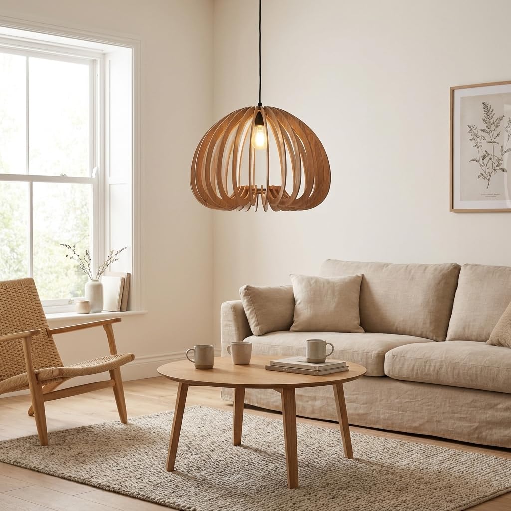 Barcelona LED Lámpara Colgante de Madera MARGE Ø45cm E27 – Diseño Nórdico Natural MDF, Altura Regulable, Luz Ambiental para Salón, Comedor y Dormitorio