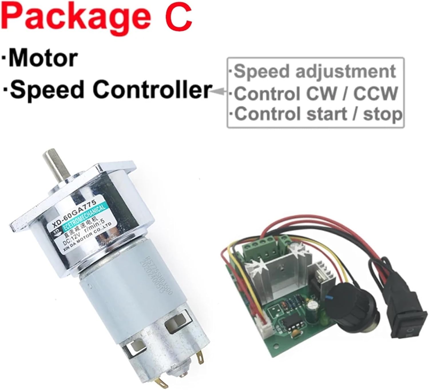 Powerful Micro Permanent Magnet High 24V DC Gear Motor 12 Volt Slow Low Speed 5-500RPM Adjustable Speed Reversed (Size : 12V 200rpm 3.8kgf.cm, Color : Package A)