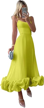 Womens Midi Prom Dresses Flounce Bustier Trim Ruffle Formal Wedding Party Dress Tea Length