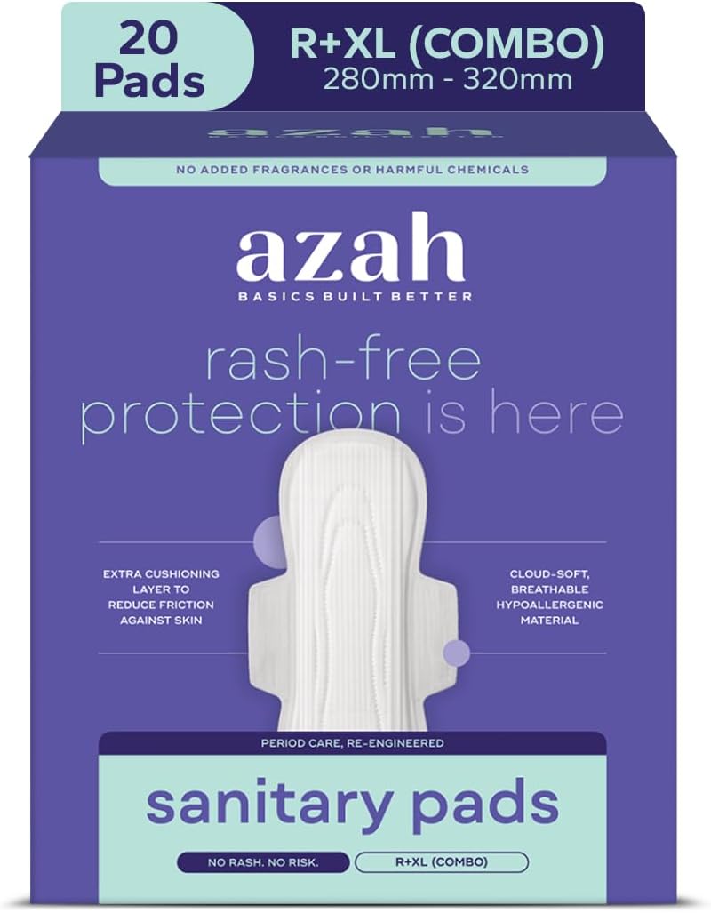Azah Rash-Free Sanitary Pads for women | Organic Cotton Pads | Box of 20 Pads - without Disposable bags | MADE SAFE Certified (Mixed)