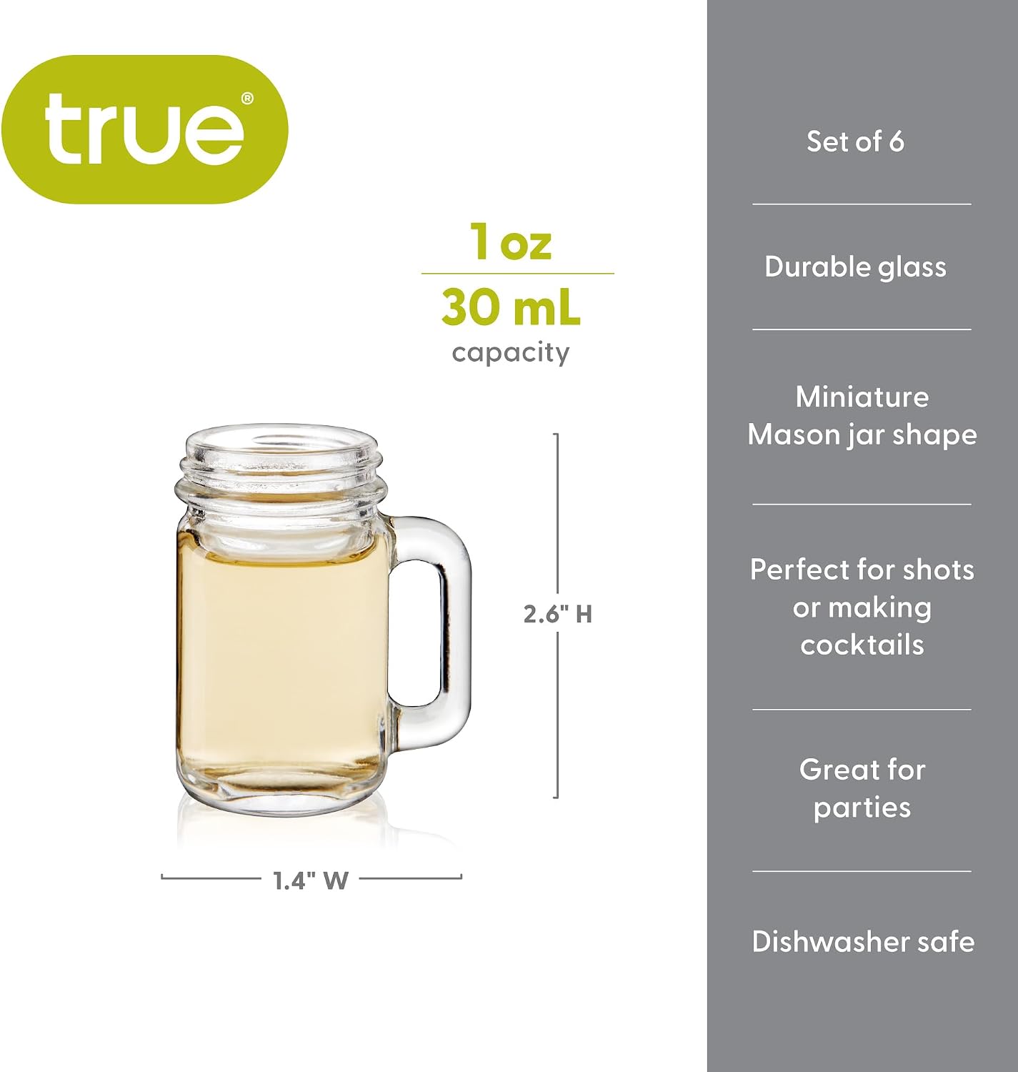 True Mason Jar Shot glasses, Reusable Mini Mason Jar shaped shot glasses with Handles, Party shot cups, Set of 6, 1 oz.