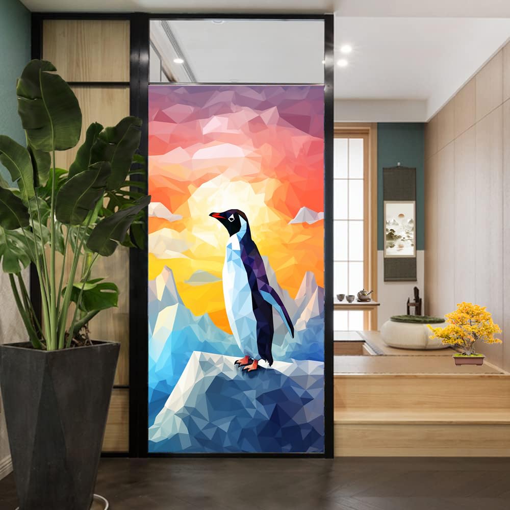 Sonnenuntergang Pinguine Buntglas-Fensterfolie, moderne abstrakte Tiere, Retro, dekorative Milchglas-Sichtschutzfolie, Wärmeregulierung, statisch haftende Fensteraufkleber, 80 x 120 cm