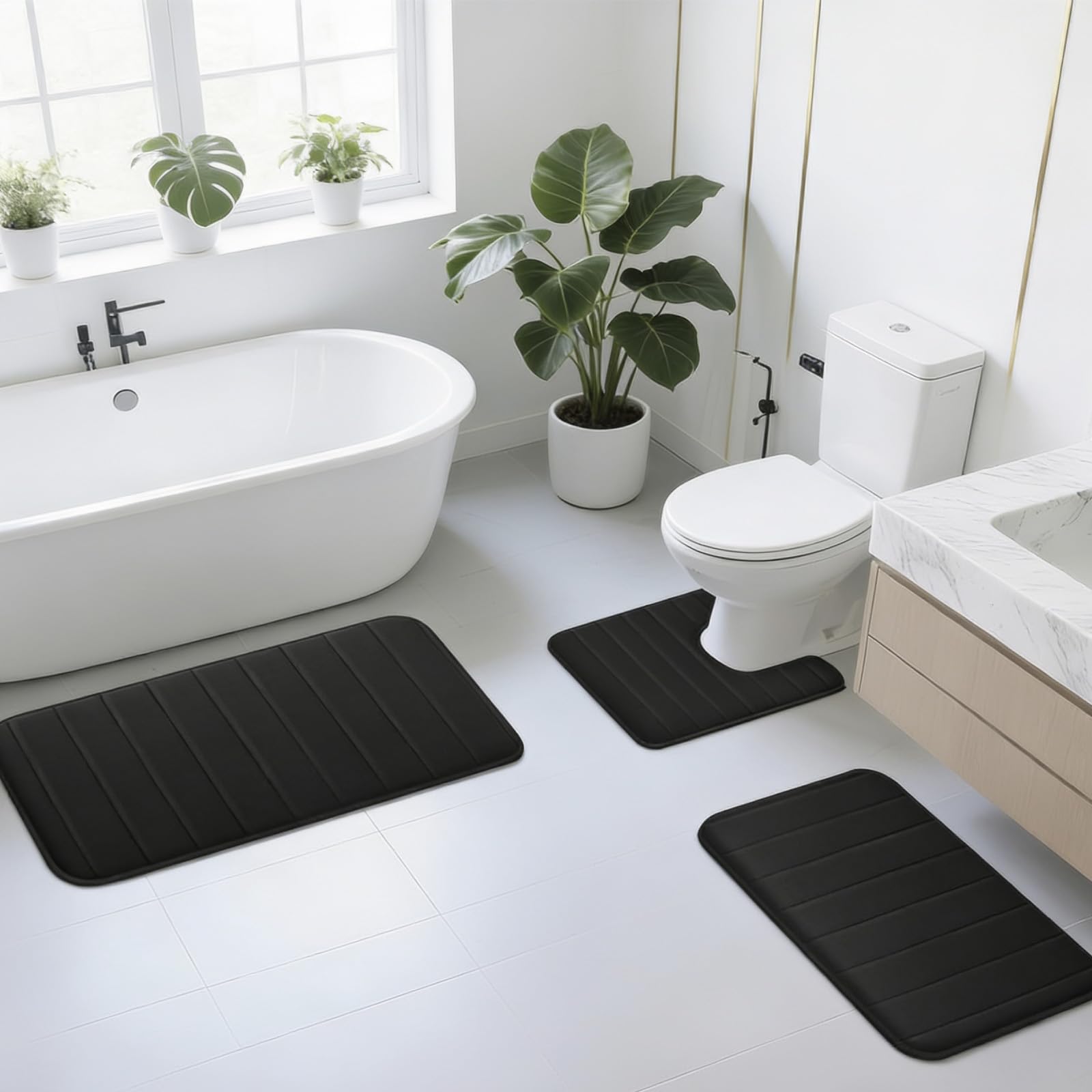 Tapis de bain en mousse à mémoire de forme lavables : lot de 3 pour salle de bain