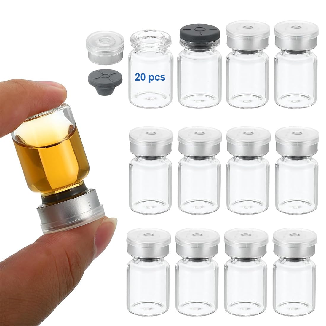 20 Piezas Viales sellados de 1 ml con fondo transparente, viales de vidrio transparente, viales vacíos estériles con puerto de inyección autorregenerable y tapa abatible, envase estéril