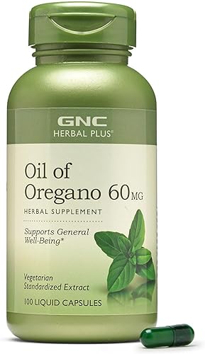 GNC Suplemento Herbal Plus Aceite de Orégano de 60 mg, vegetariano, apoya el bienestar general, 100 porciones