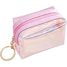 Women Coin Purse, Shining Clear Small Coin Pouch with Key Chain, Colored Change Card Holder Wallet for Women Pink