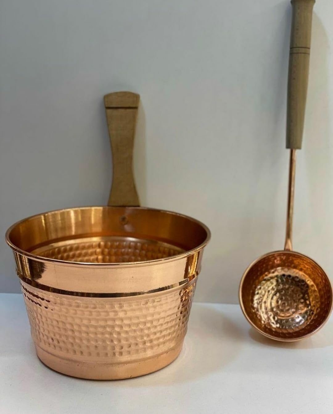 Hammered Copper Sauna Bucket and Ladle with Wooden Handle, Turkish Hammam Copper Spa Kit, Sauna Accessories