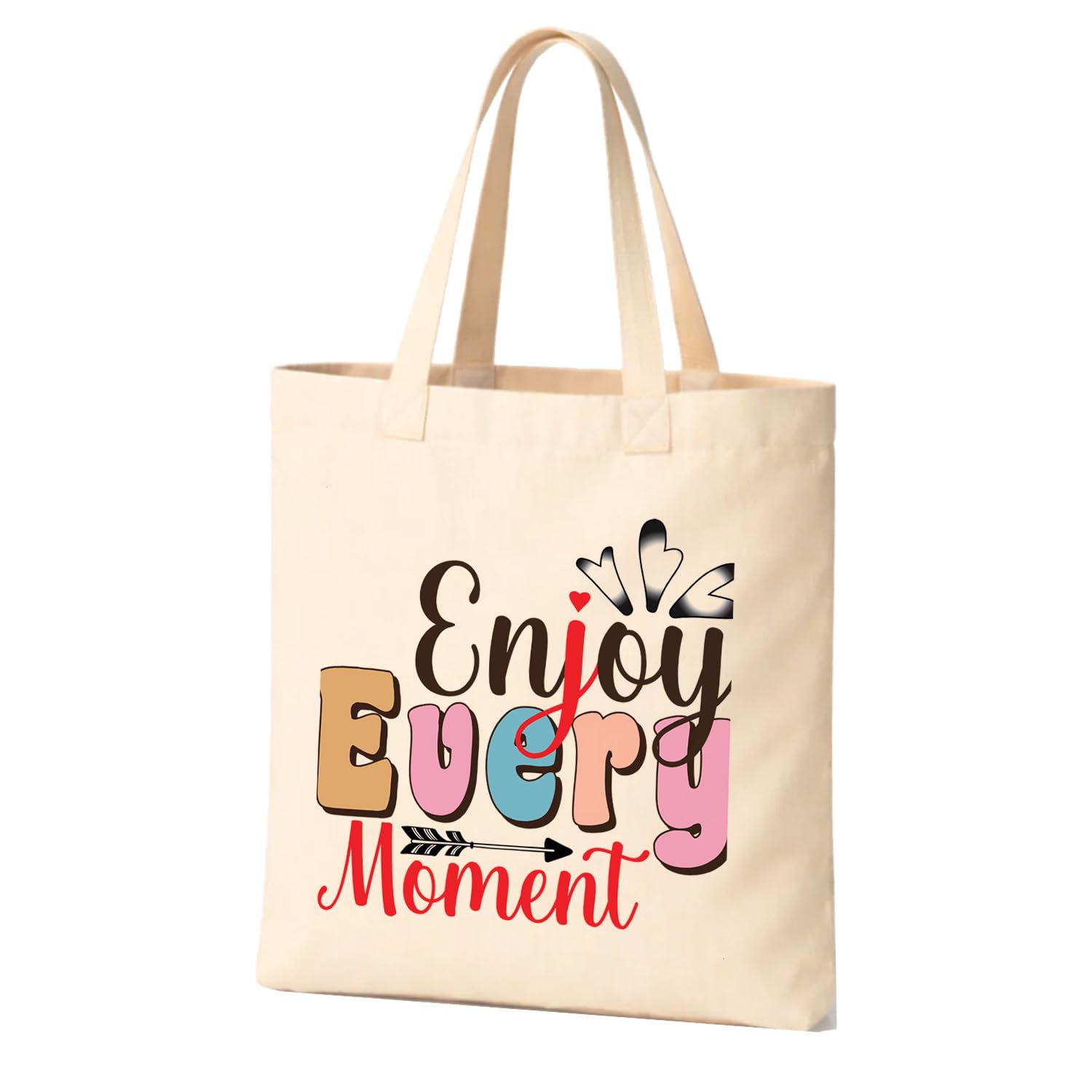 Beige tote bag with colorful Enjoy Every Moment print, perfect for women, girls, and teens seeking a fun accessory, Size 14 x 16in, Cotton Canvas, No Closure, Shoulder Strap-image-13