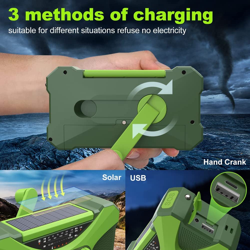 TsoLay Radio de Emergencia de 10000MAh, Radio de Manivela Solar, Portátil con Cargador de Teléfono, Linterna LED Verde
