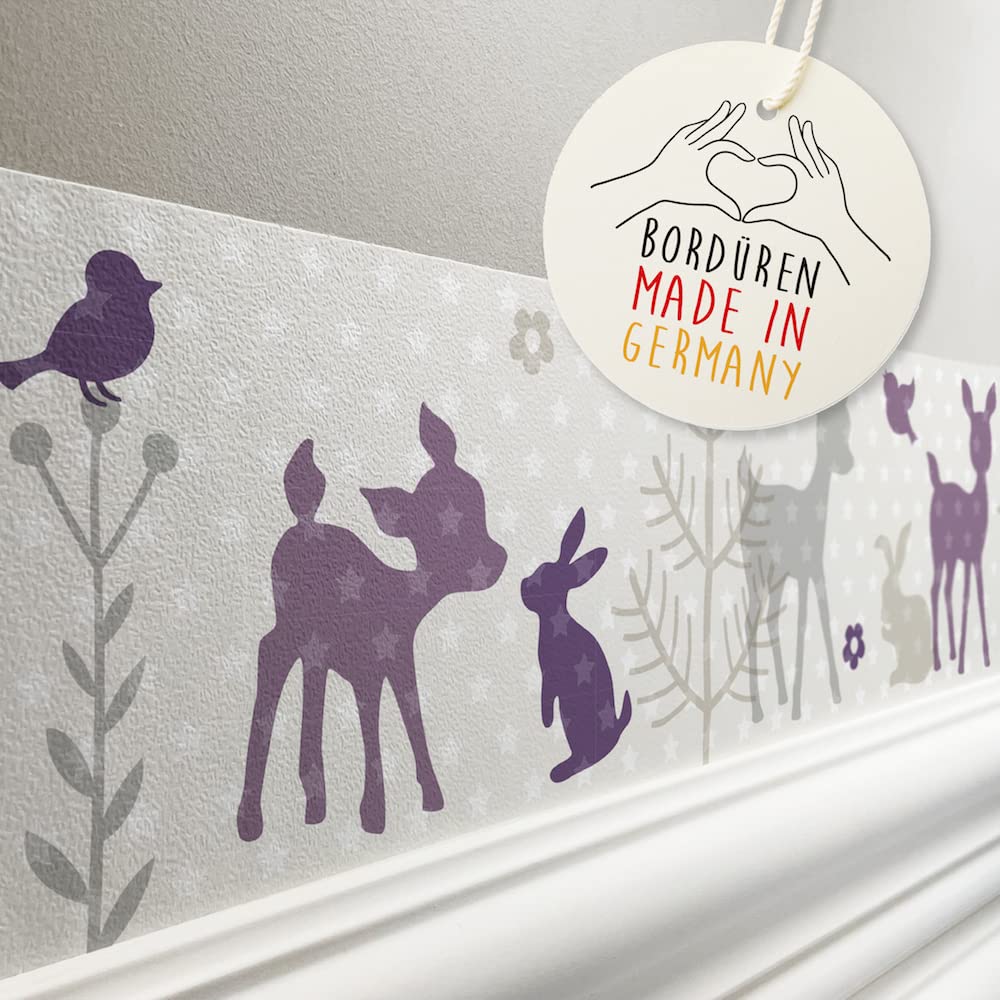 Bordüre selbstklebend HÄSCHEN & REHE LILA BEIGE - Wandbordüre Kinderzimmer Babyzimmer mit Hase & Reh Waldtiere - Wandtattoo Schlafzimmer Mädchen – Wanddeko Baby Kinder