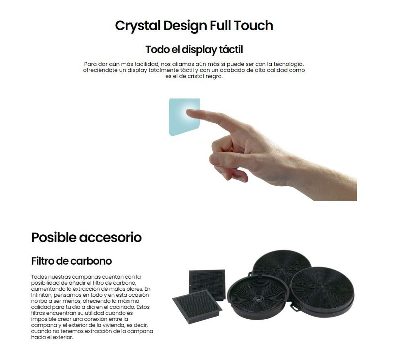 INFINITON Campana Extractora CMPT-A60I, 800 m3/h de extracción, Ancho 60 cm, Diseño en T invertida, Touch Panel,4 Niveles de potencia de succión, Función Lampara, A, Inox