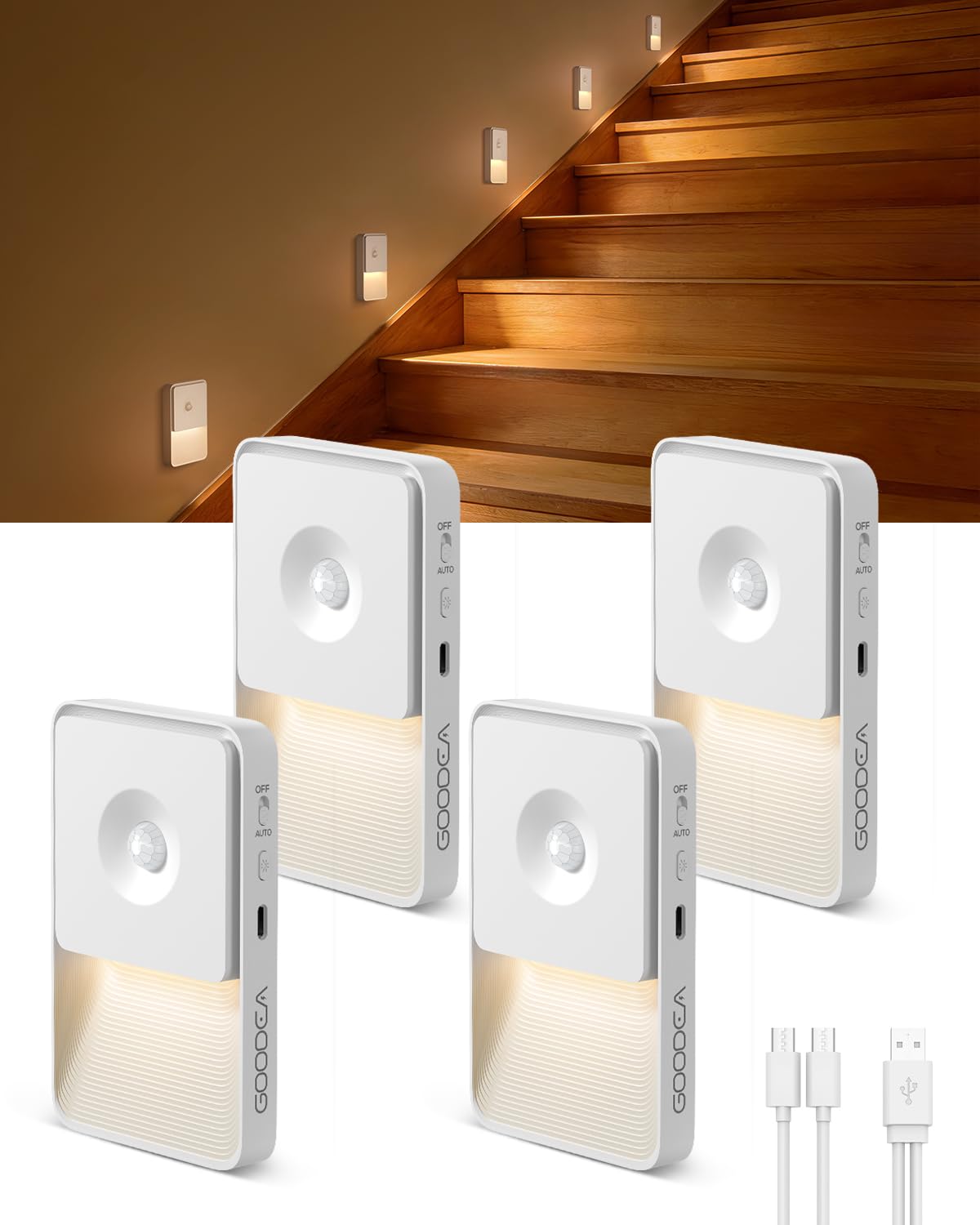 GOODEA Nachtlicht mit Bewegungsmelder, USB C Aufladbar Bewegungsmelder Licht bis zu 70 Tage - Dimmbar Magnetische Akku Lampe Ohne Steckdose für Flur Treppe Schlafzimmer Bad - Warmes Licht
