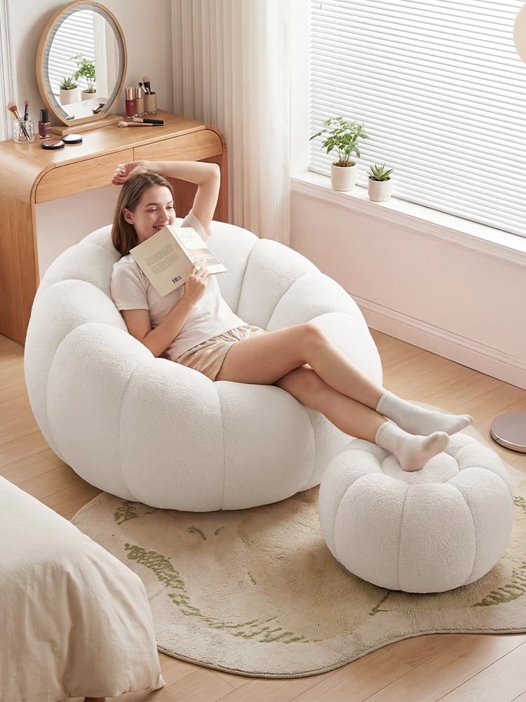 Übergroßer Couchstuhl in Kürbisform mit Fußhocker, riesiges Sitzsacksofa für Teenager und Kinder, bequemer, gemütlicher Loungesessel Wohnheim, Wohnung, Wohnzimmer, Schlafzimmer, gemütliche Wei