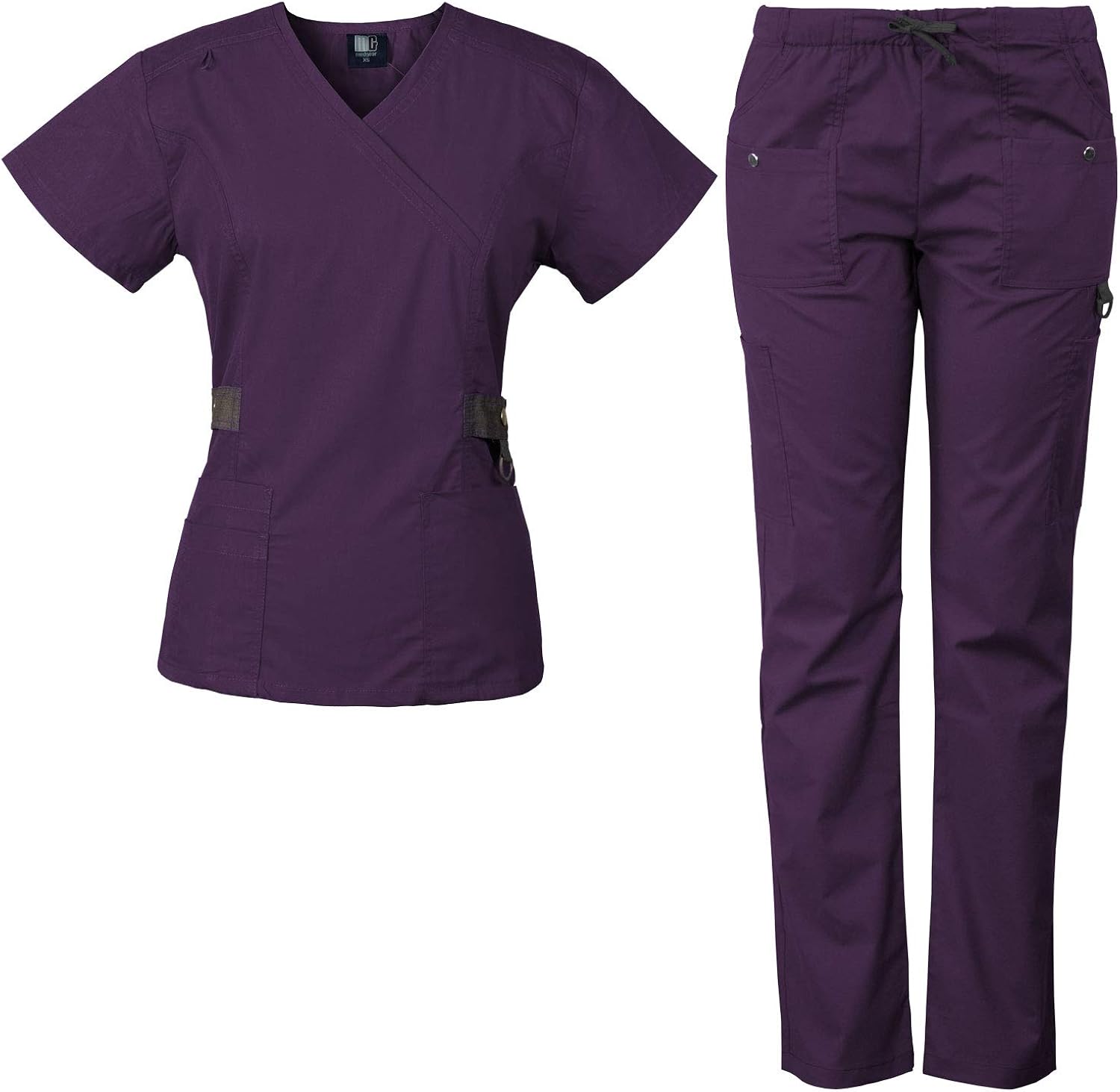 Medgear 12-Pocket Women's Scrub Set with Silver Snap Detail & Contrast Trim