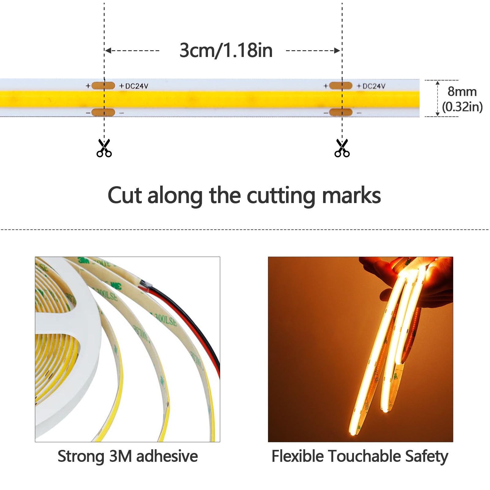 GOMING 24V 10M COB Striscia LED Bianco Caldo 3000K CRI 93+ Alta Densità 384LED/M Alta Luminosità 6800lm Non Impermeabile IP20 Flessibile Luci LED per Soggiorno Natale Bar Decorare(Senza Alimentazione)