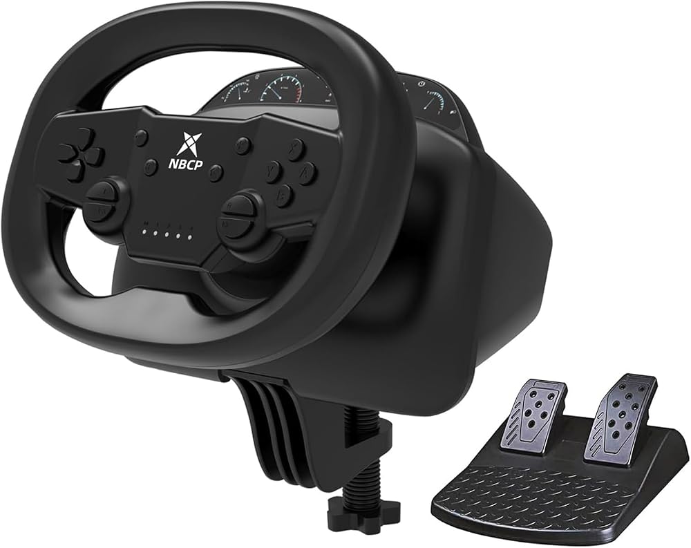 NBCP Volante inalámbrico para juegos de 270° con pedales para PC/PS4, Bluetooth | Motores de doble vibración, sensibilidad de 4 niveles, zona muerta de 11 niveles, disparadores lineales, abrazadera, volante de carreras profesional para PS3/Switch/Android
