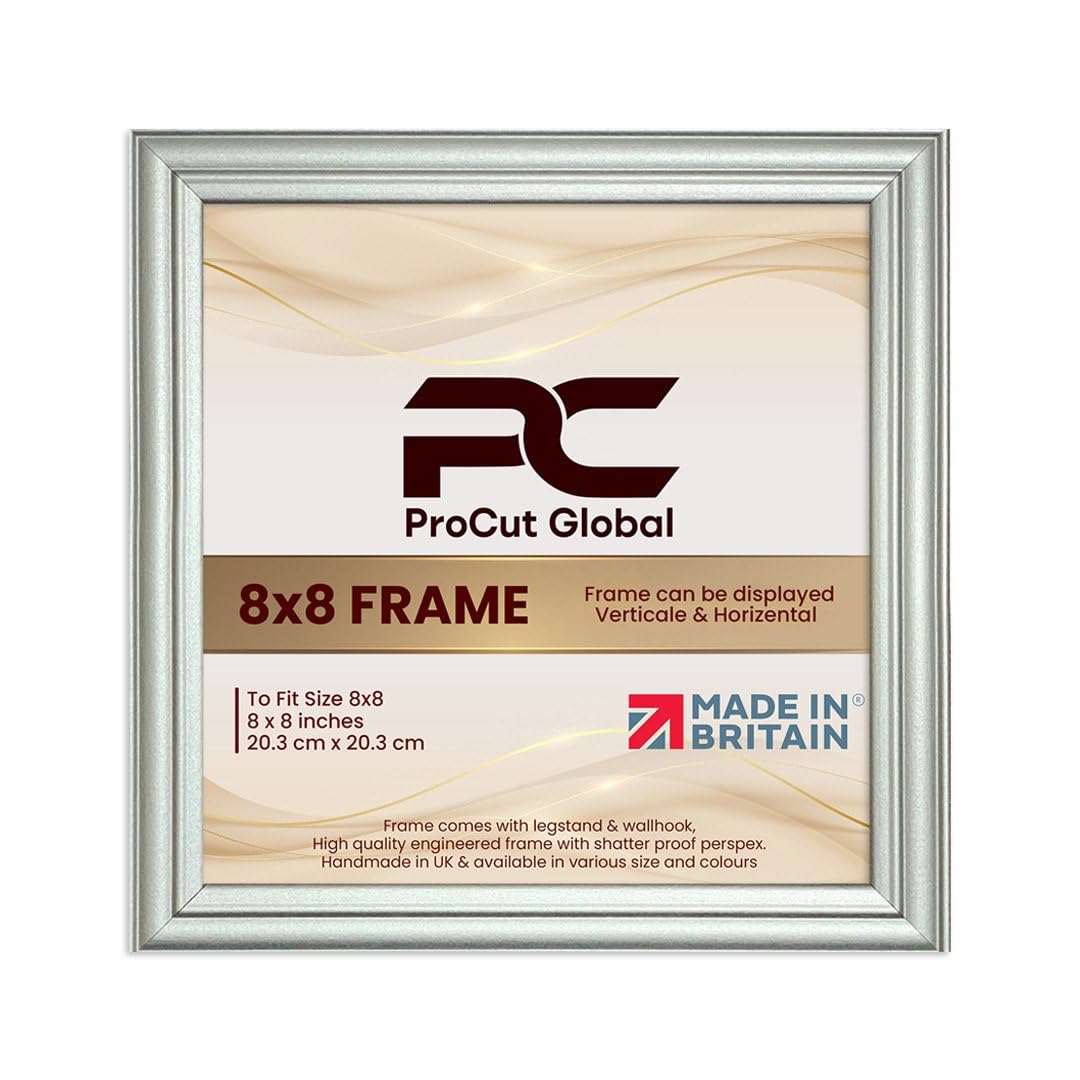 Procut Global 8X8 Silver Picture Frames - Classic Wooden Photo Frame with Shatterproof Perspex for Wall or Tabletop - Perfect for Posters, Certificates & Prints - Sizes & Colors Available