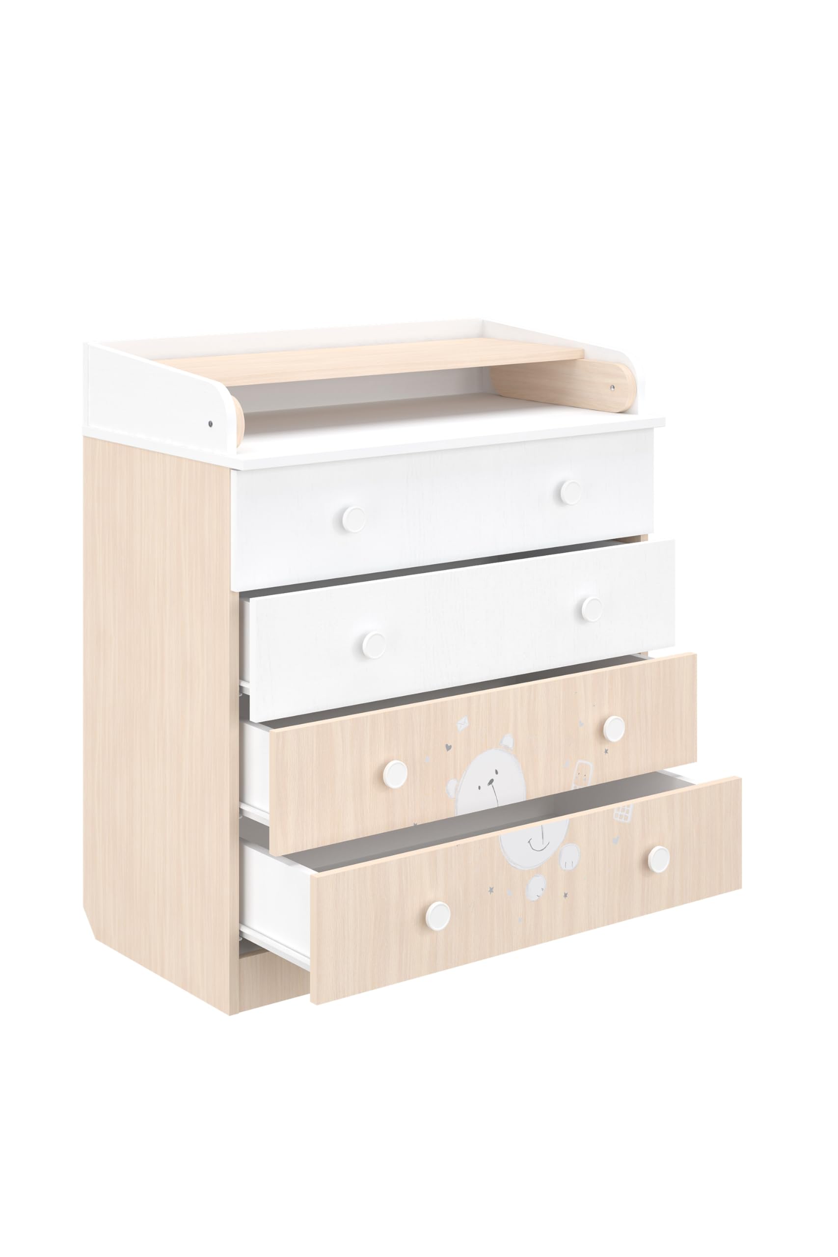 Shefa Kids Wickelkommode 800 Teddy, Weiß-Pastell Eiche, 80,4 x 48 x 91,7 cm, 4 Schubladen, Qualitäts-Wickeltisch aus österreichischem Kronospan