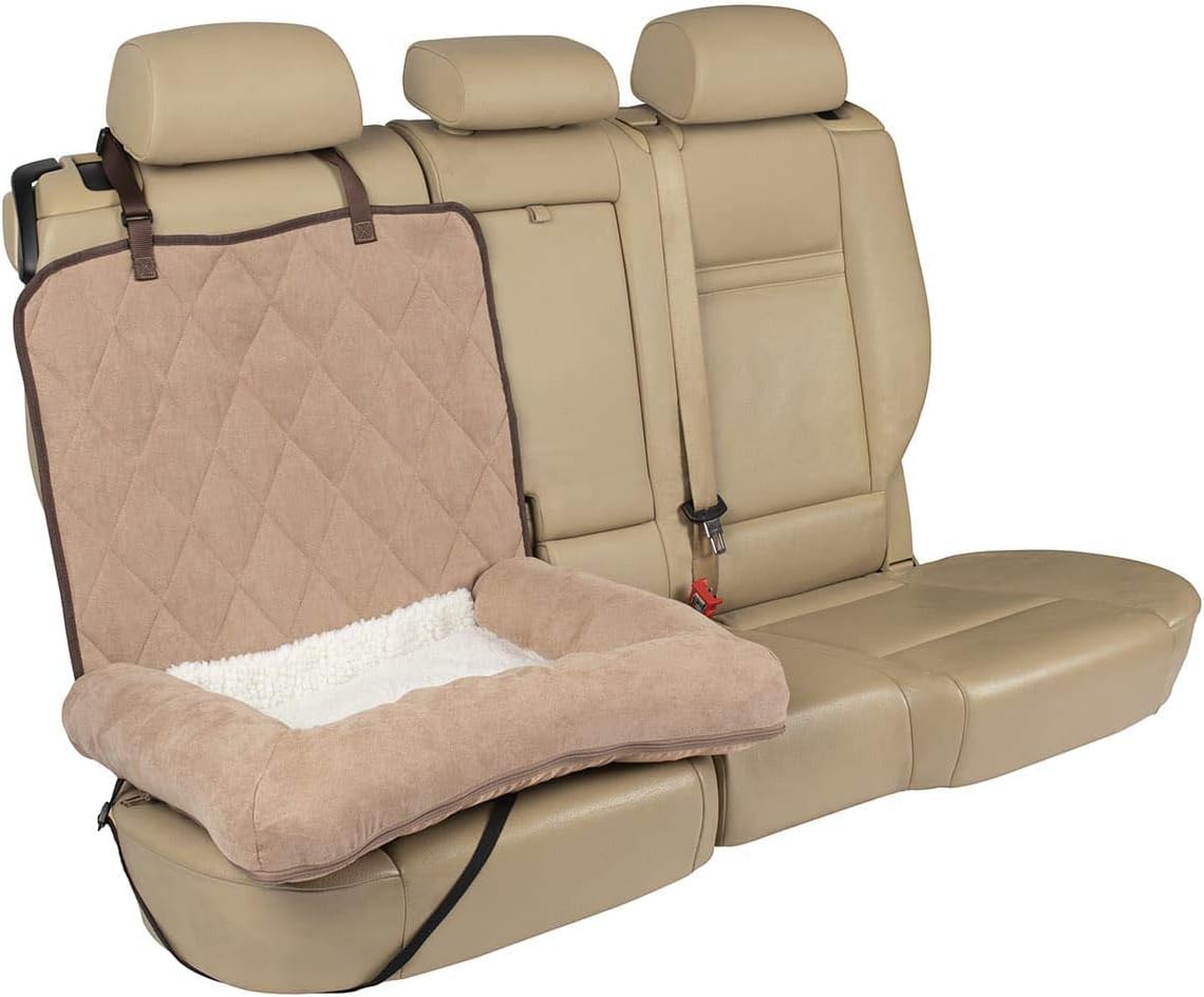 Cama para perros PetSafe Happy Ride para auto - Lo mejor para asientos tipo cubo - Se adapta a autos, camionetas, minivans y SUV - Cómoda y lavable a máquina - Cama duradera para mascotas para vehículos - Bronceado