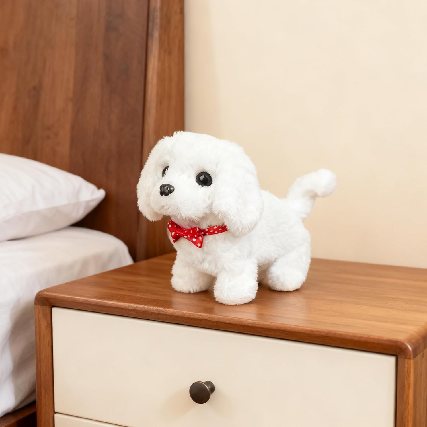 Electronic Interactive Dog Toy, White Plush Puppy with Wagging Tail, Singing, Walking, and Barking Functions, Red Bow Tie, Battery Powered Pet Toy for Kids