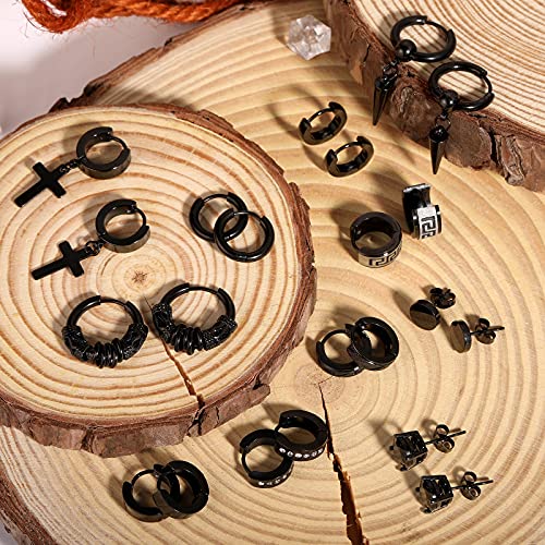 Black Earrings For Men, Funtopia 11 Pairs Stainless Steel Small Huggie Hoop Earrings Mens Cross Earrings Stud Earrings Set, Fashion Piercing Jewelry For Party Birthday #TOP1