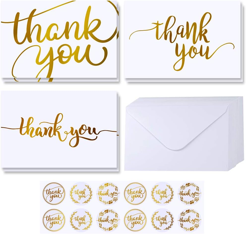 Supla102 Sets Gold Foil Thank You Cards Bulk with Envelopes Stickers Thank You Notes 3 Designs Blank Thank You Note Cards Greeting Cards 4" x 6" for Weddings Baby Shower Bridal Shower