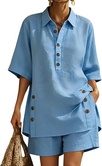 Viatabuna Womens 2 Piece Outfits Summer Button Down V Neck Shirt Short Sets