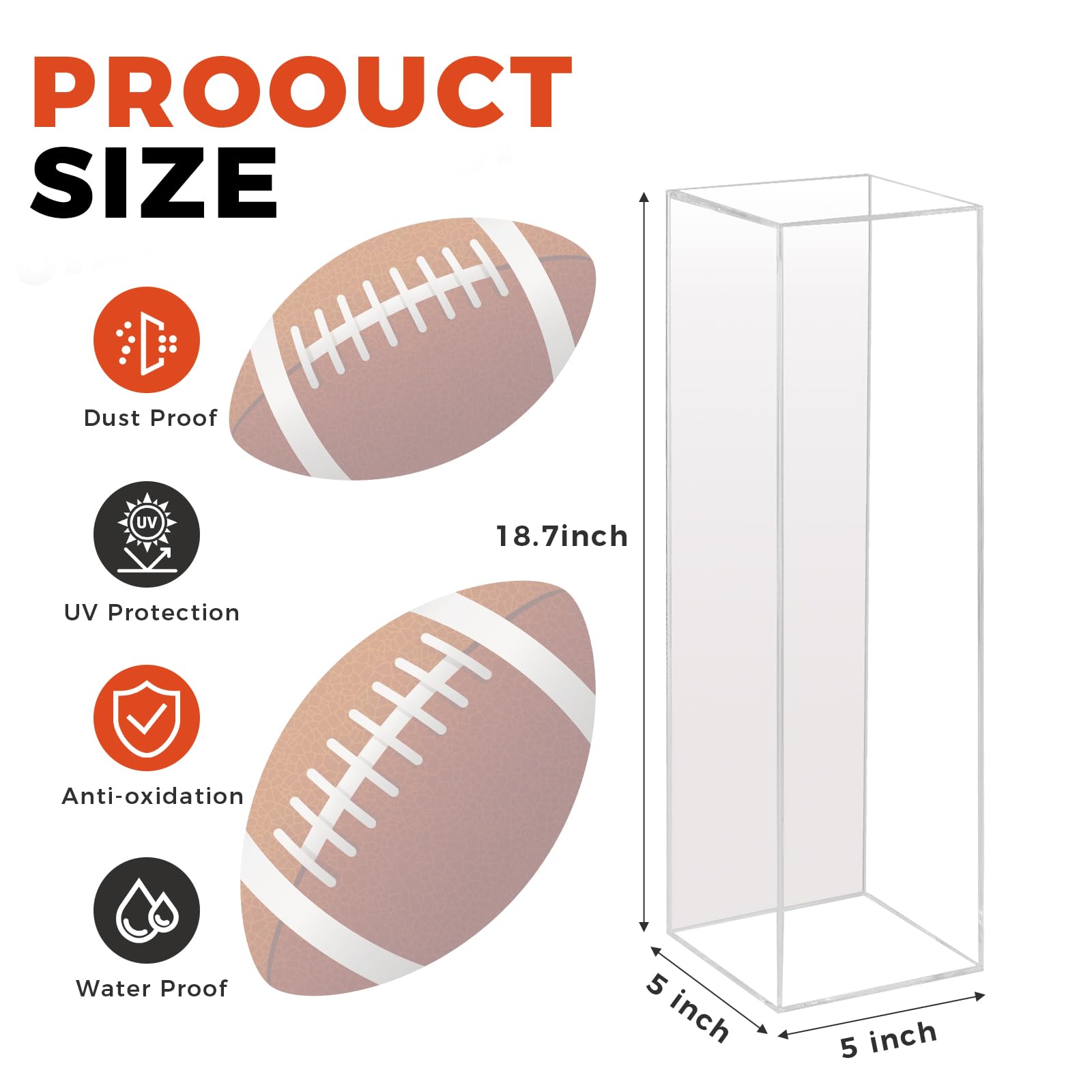 Clear Football End Zone Pylon Display Case with Mirrored, Acrylic Shadow Box for Football End Zone Pylon UV Protecting Game Day, 18.7