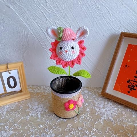 WELLGOODS Colorful Braided Flower Pencil Holder, Decorative Home and Office Woven Desk Accessory (Pink rabbit sunflower) Cover