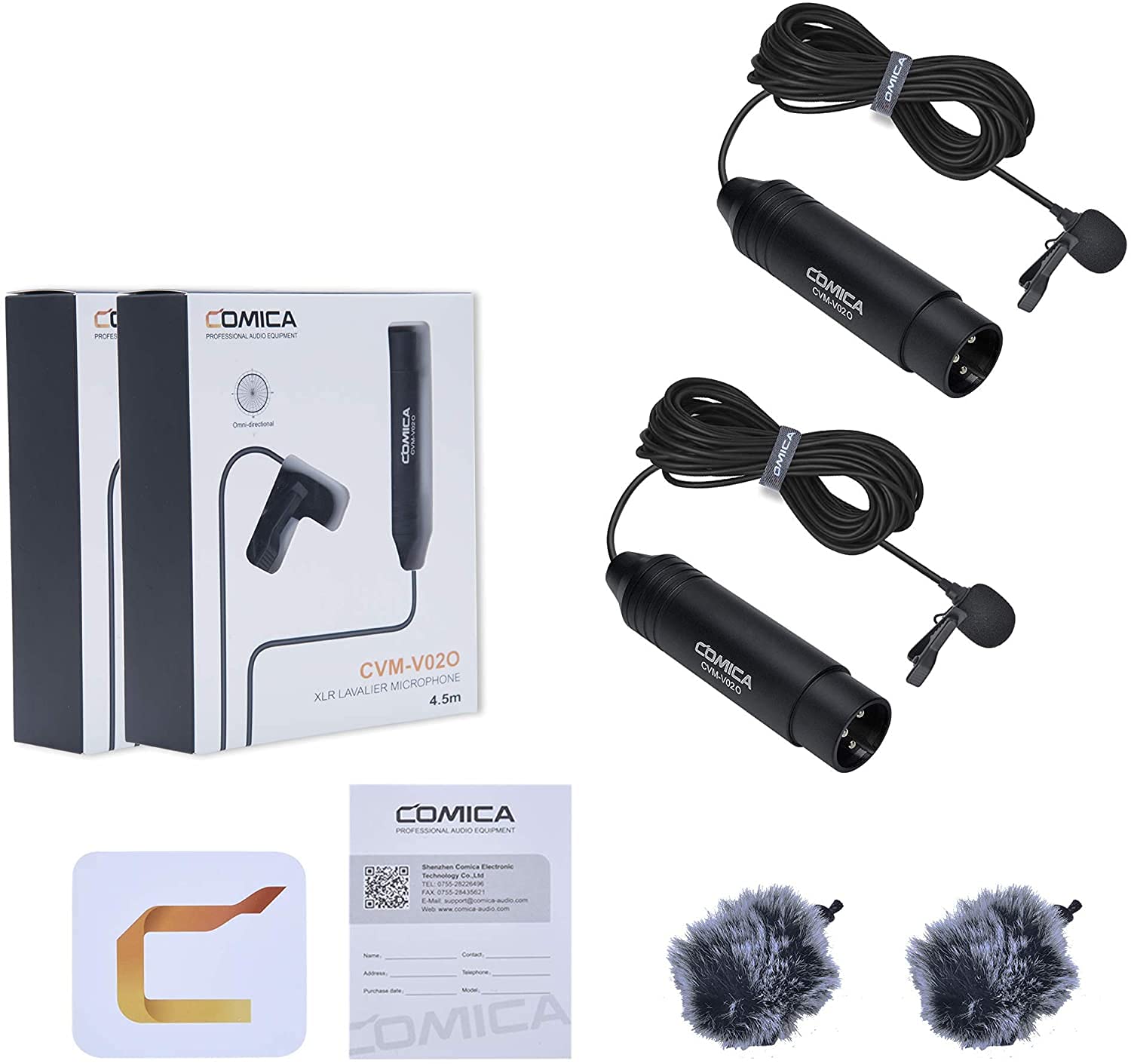 COMICA Micrófono XLR Omnidireccional Corbata con Alimentación Phantom,con Clip de Solapa y Cortavientos,para cámara Canon Sony Panasonic videocámaras Zoom H4n H5 H6 Tascam DR-40 DR-100(Paquete de 2)