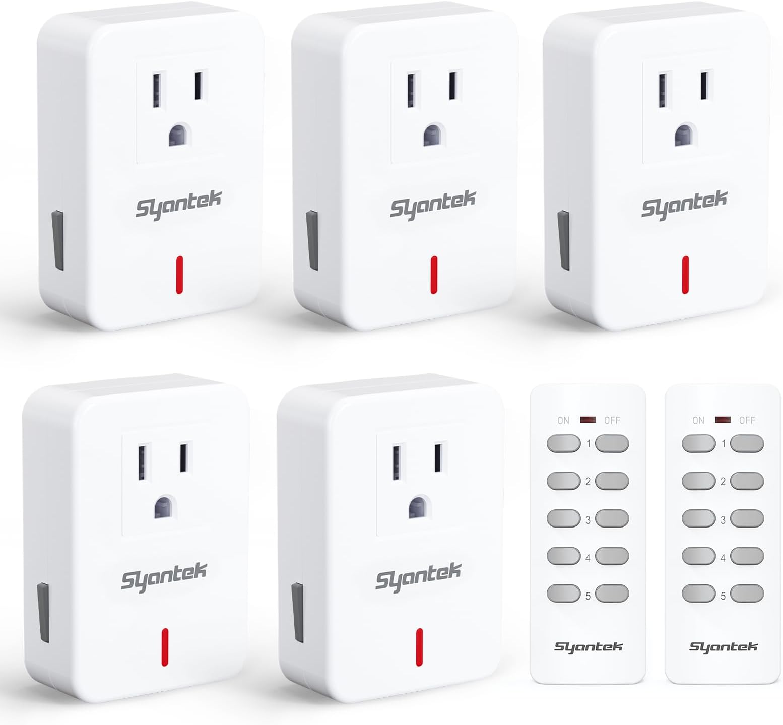 Syantek Remote Control Outlet Wireless Light Switch for Household Appliances, Expandable Remote Light Switch Kit, Up to 100 ft Range, White (5 Outlets + 2 Remotes)