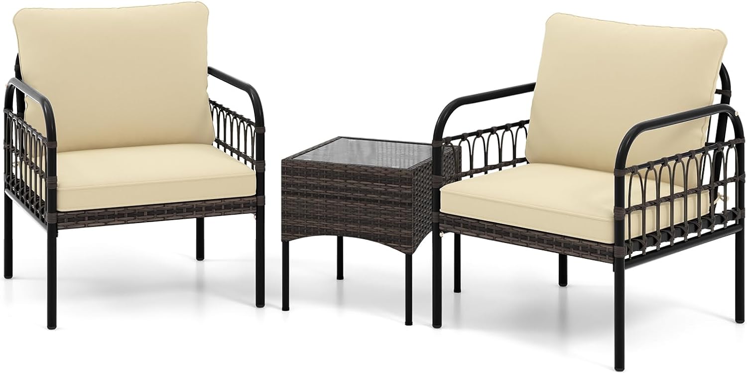 DORTALA 3 Piece Wicker Patio Furniture Set, Outdoor Rattan Conversation