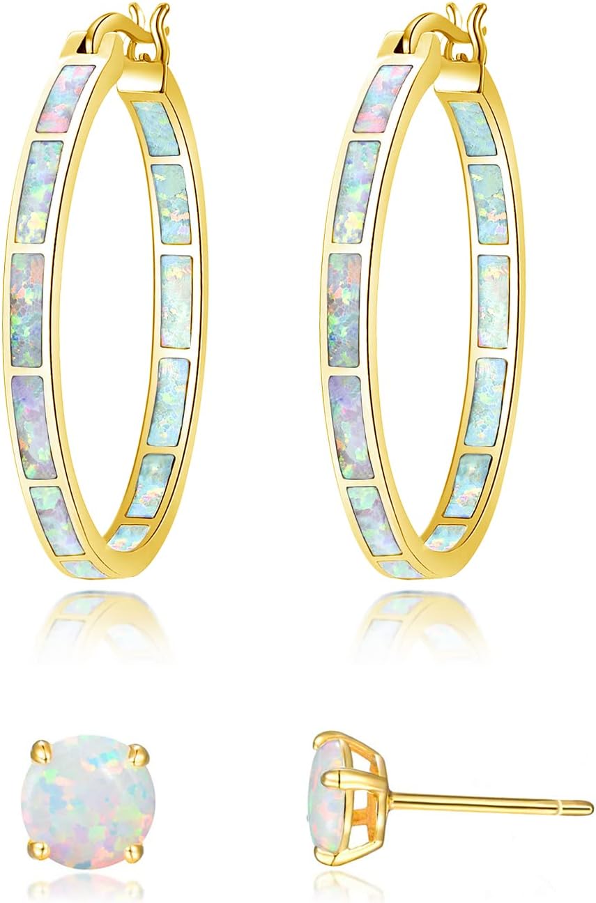 CiNily Opal Hoop Earrings,Women Jewelry Rhodium Plated/Rose Gold or Yellow Gold Plated Gemstone Big Hoop Earrings 32mm