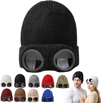 Casual Soft Goggle Lens Design Beanie Hat, Winter Unisex Solid Color Cap with Built-in Lens, Knitted Warm Stylish Ski